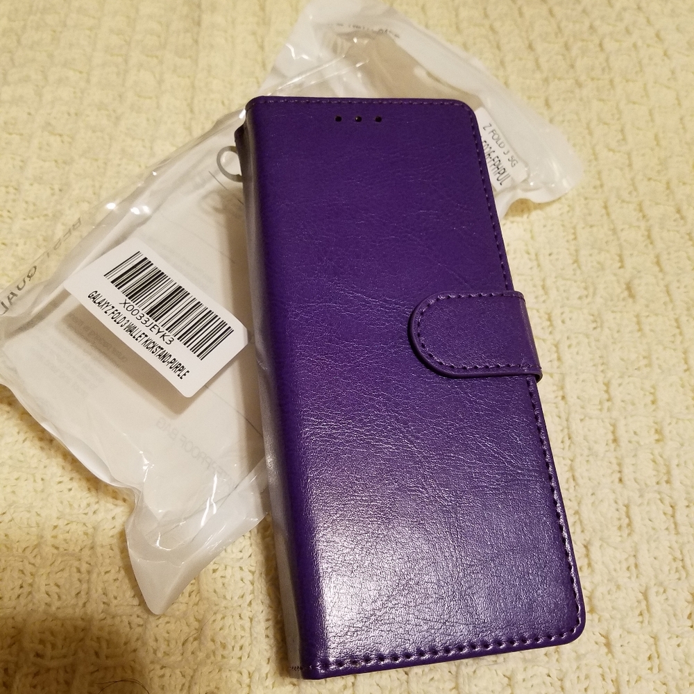 Purple Samsung Galaxy Z Fold 3 Case, Wallet Pouch Cover Kickstand Credit Card Sl
